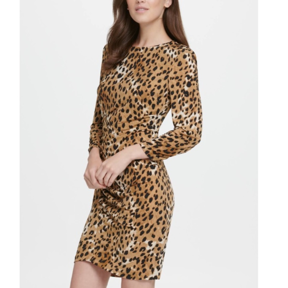🆕 DKNY Long Sleeve Animal Print Side Ruche Sheath Dress NWT
